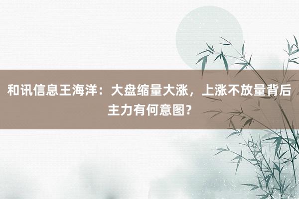 和讯信息王海洋：大盘缩量大涨，上涨不放量背后主力有何意图？