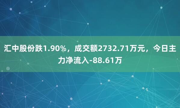 汇中股份跌1.90%，成交额2732.71万元，今日主力净流入-88.61万